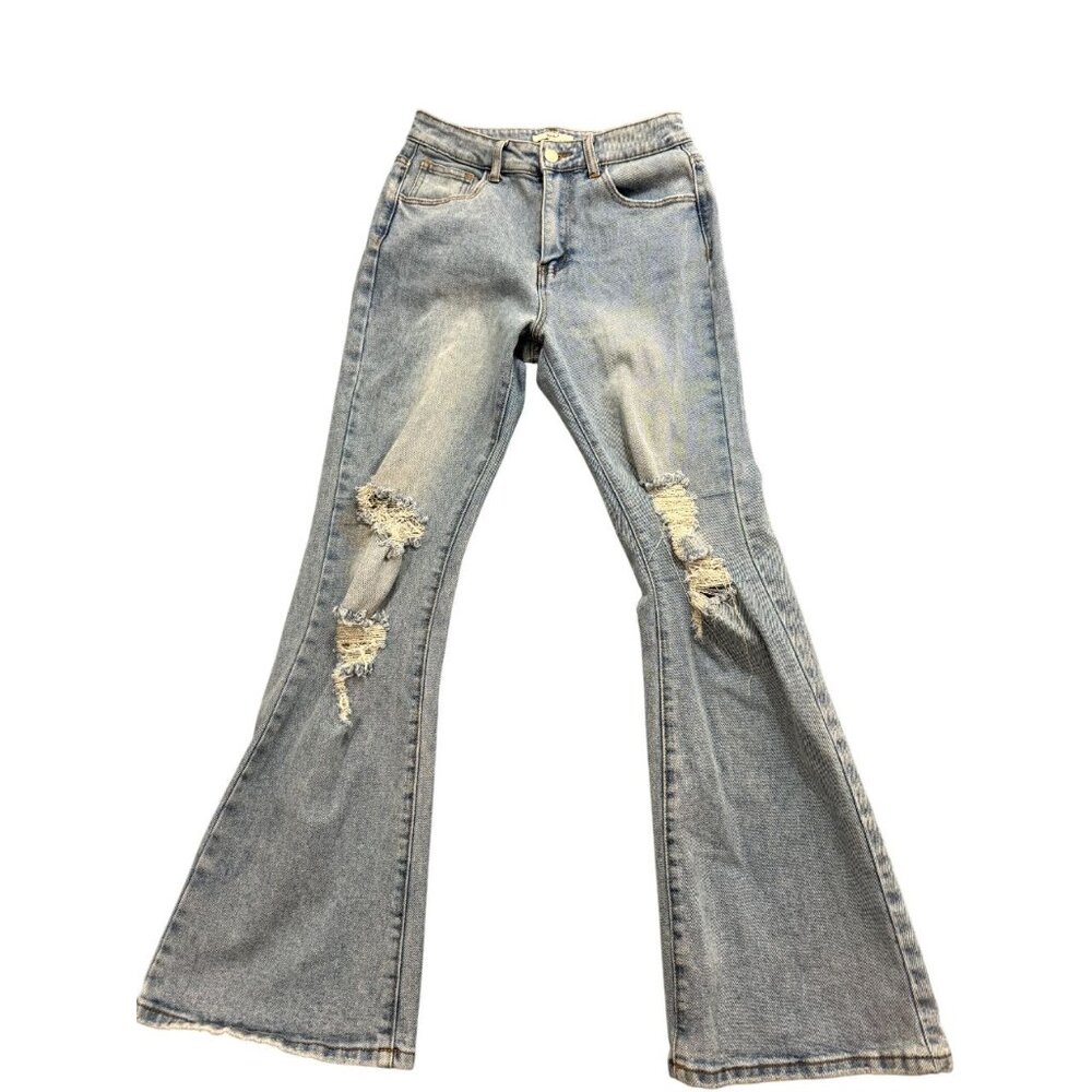 Papaya Flared Jeans Mid Rise Distressed Denim Stretch Medium Wash Blue Size 3